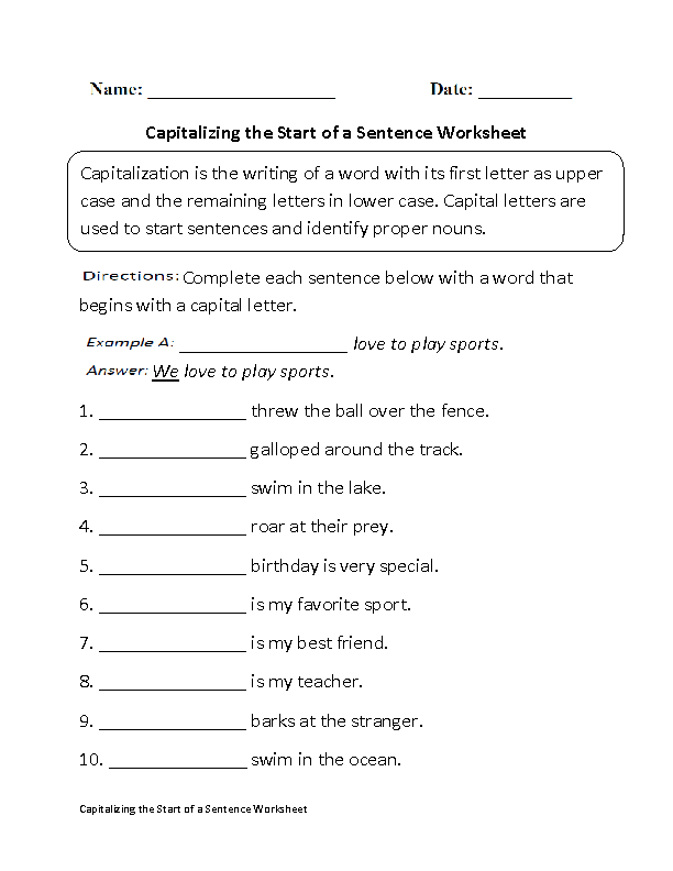 Capitalizing Start of Sentence Worksheet