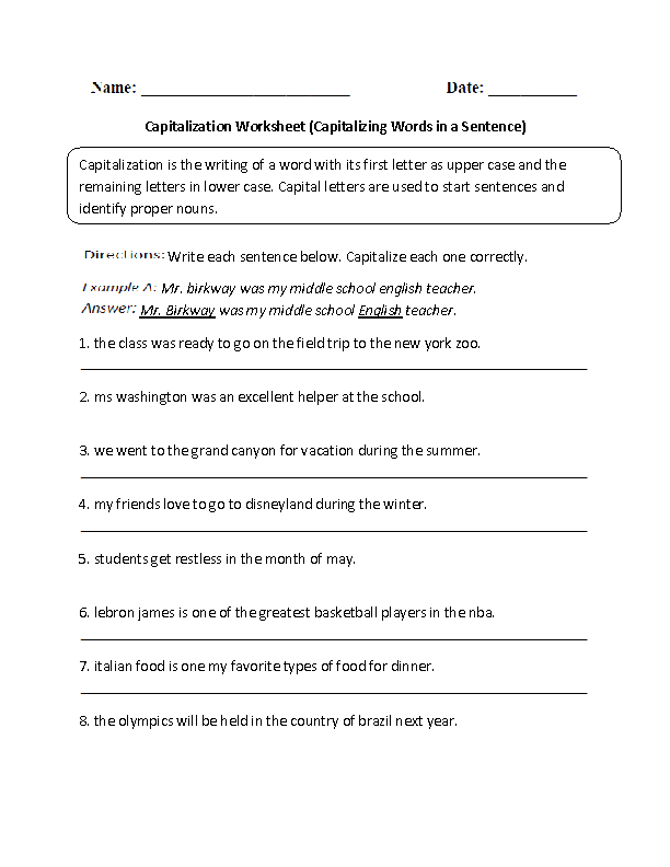 Capitalizing Words in Sentence Worksheet