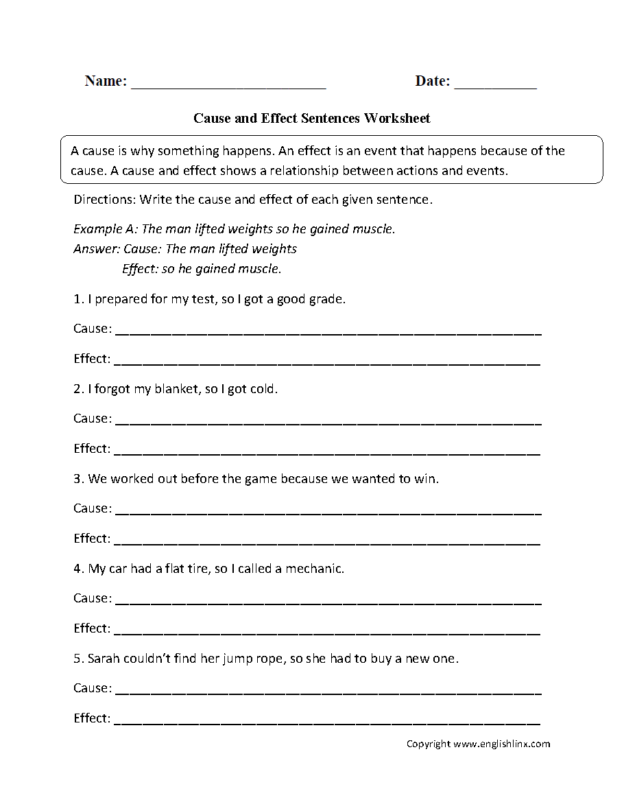 Cause And Effect Worksheet Sentences
