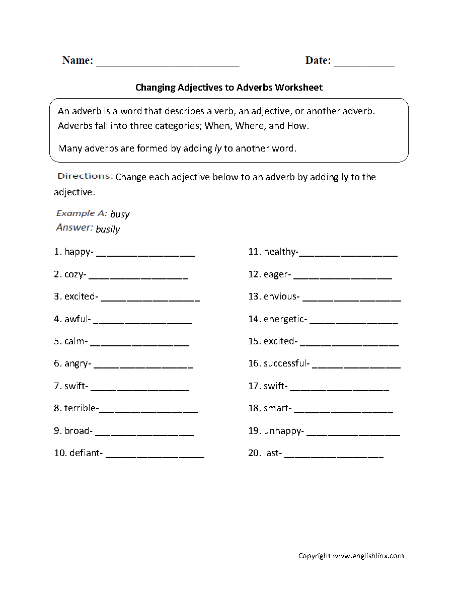 Changing Adjectives to Adverbs Worksheets