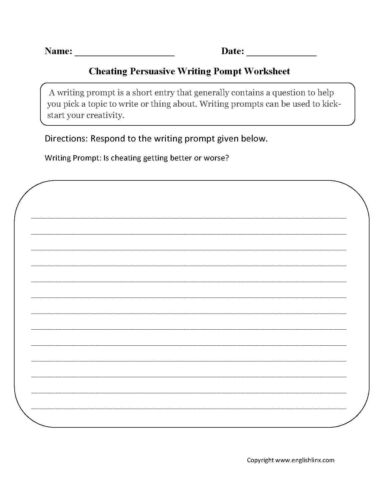 Cheating Persuasive Writing Prompt Worksheets