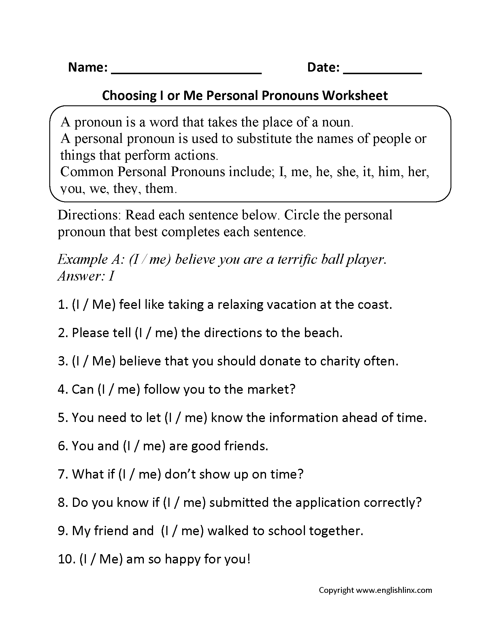 Choosing I or Me Personal Pronouns Worksheets