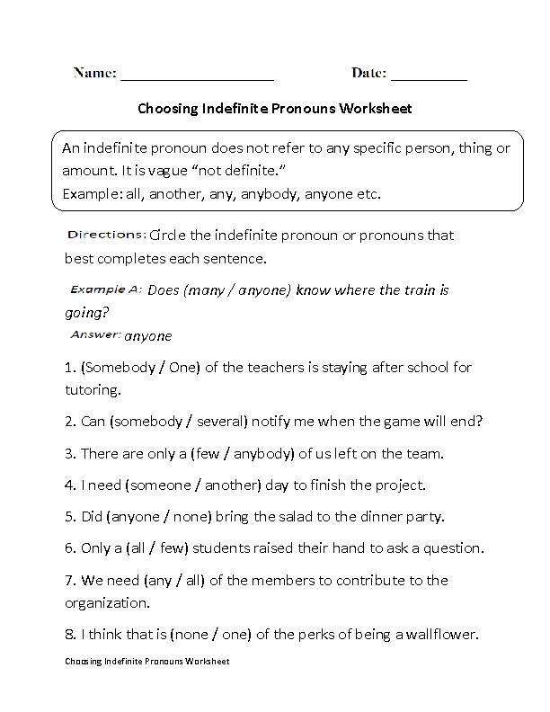 Choosing Indefinite Pronouns Worksheet