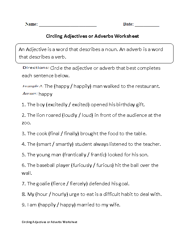 Circling Adjectives or Adverb Worksheet