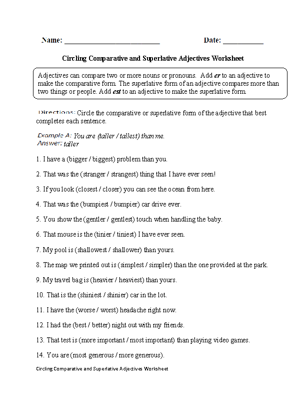 Circling Comparative and Superlative Adjectives Worksheet