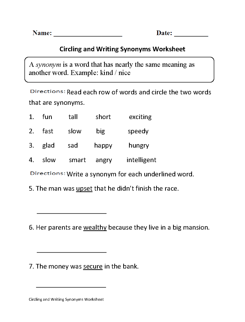 Circling and Writing Synonyms Worksheet