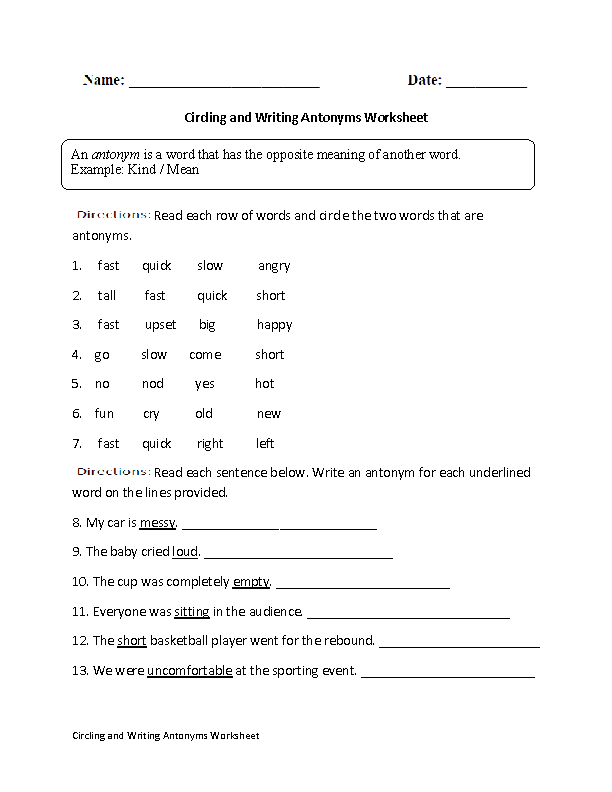 Circling and Writing Antonyms Worksheet