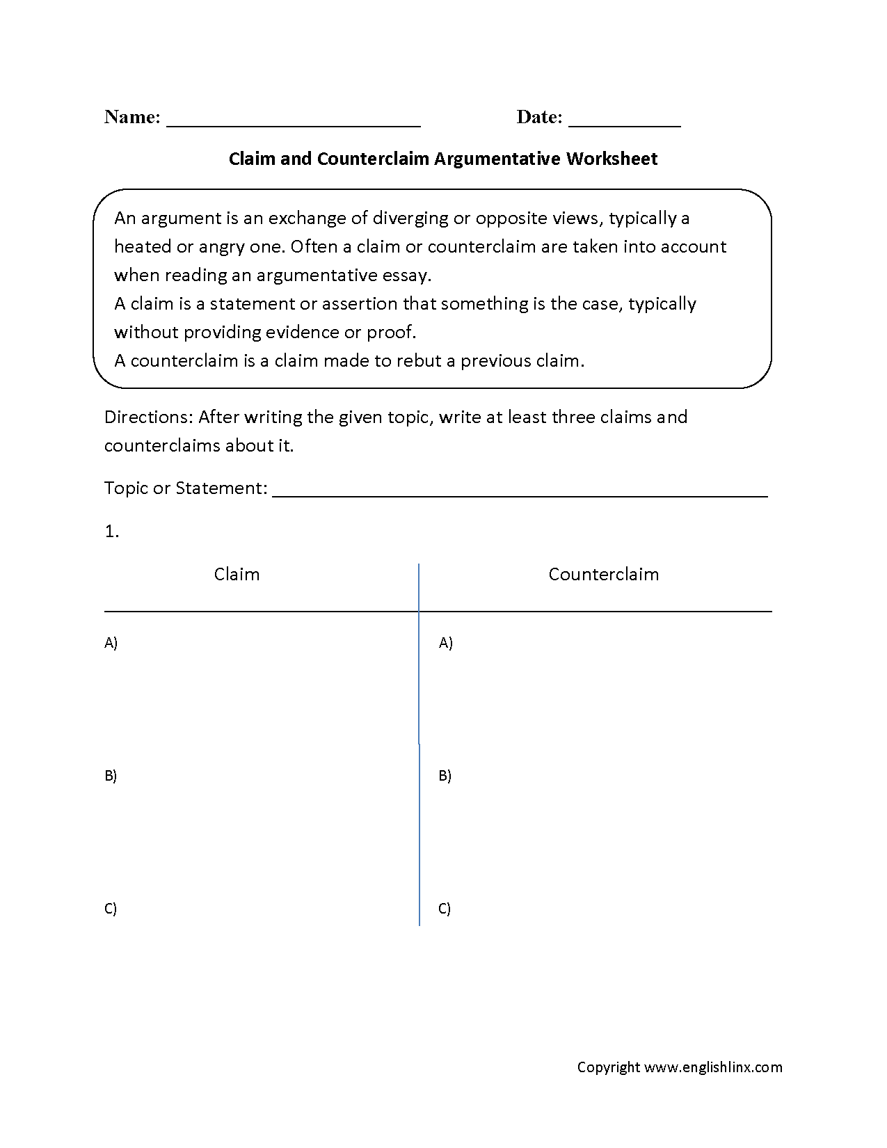 Claim and Counterclaim Argumentative Worksheets