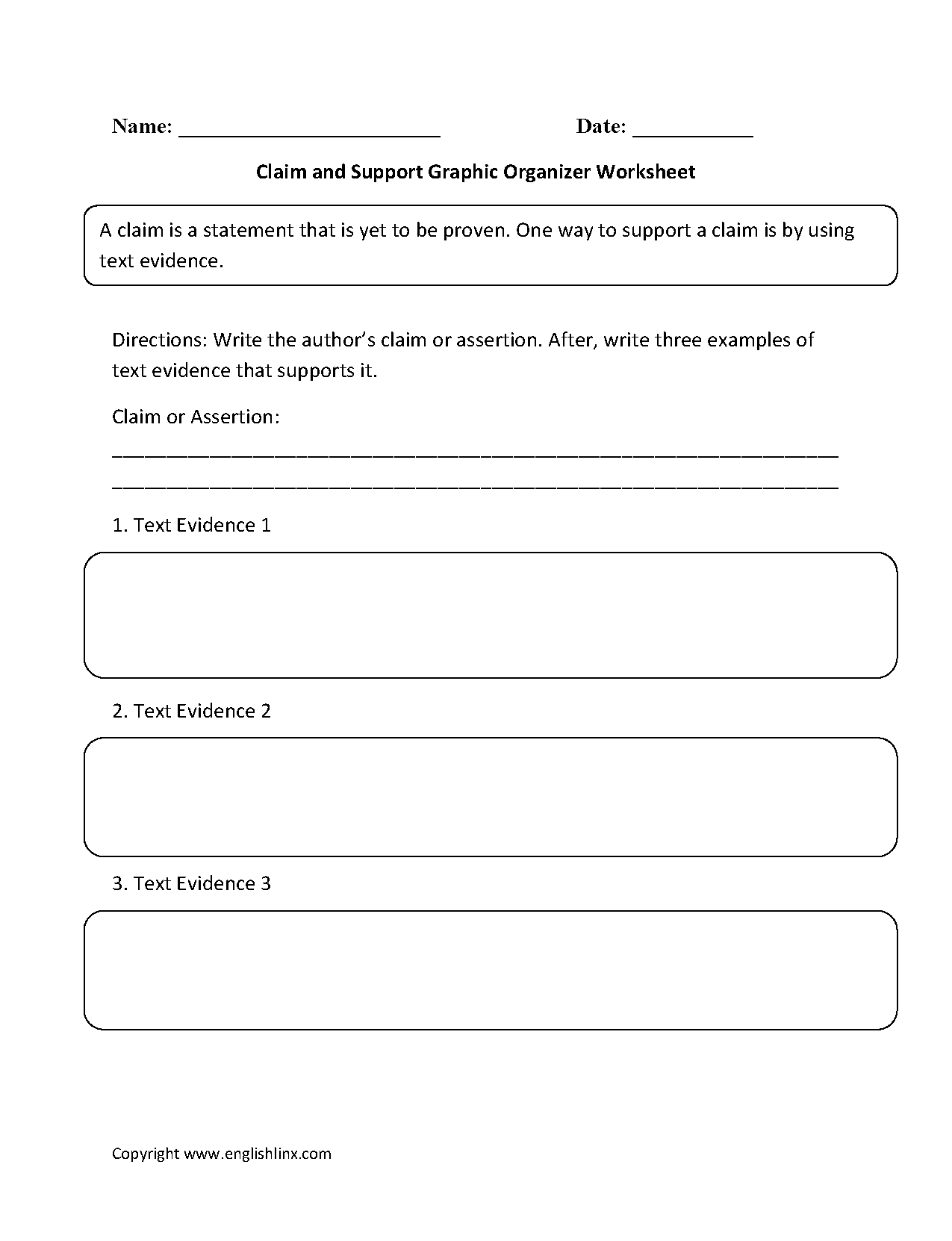 Claim and Support Graphic Organizers Worksheets