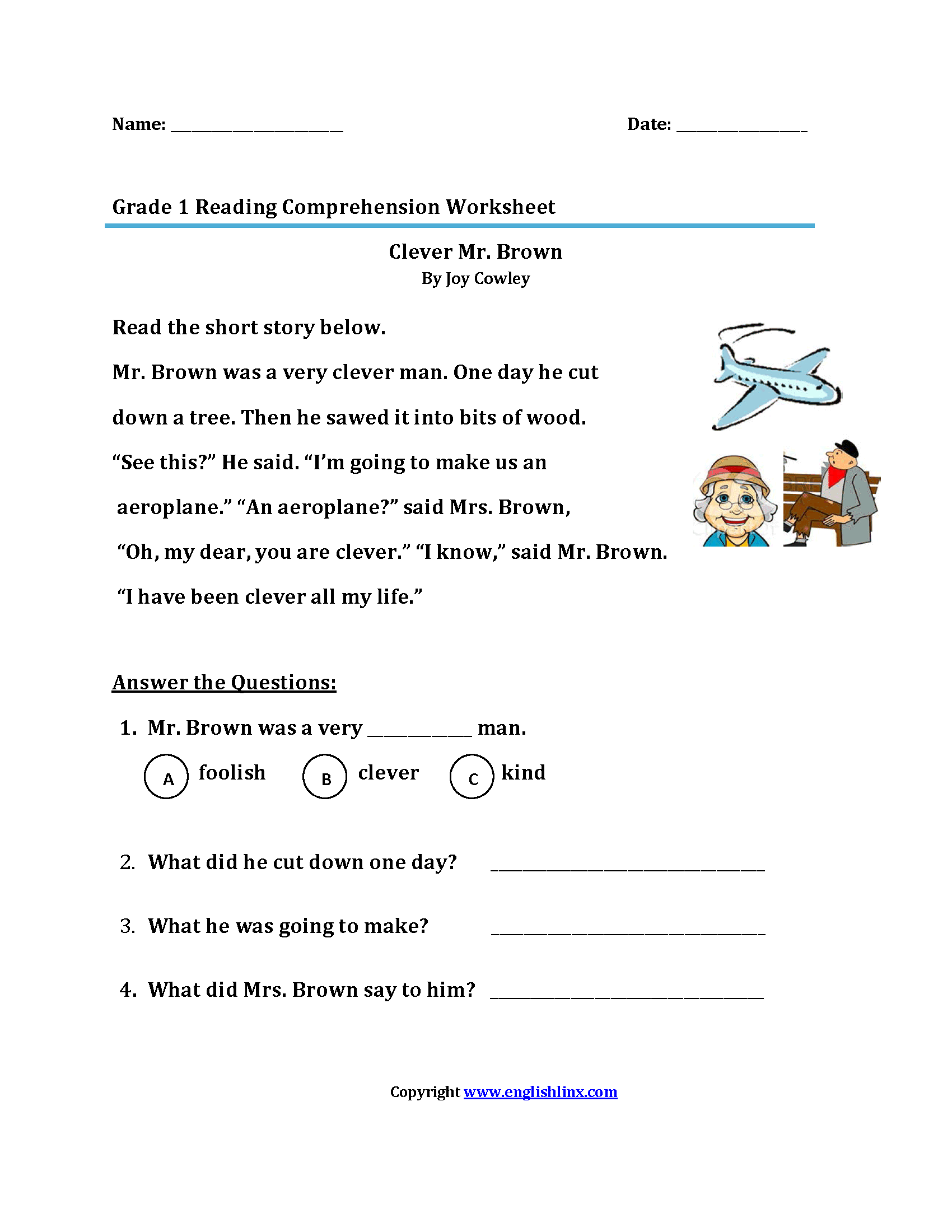 Clever Mr. Brown First Grade Reading Worksheets