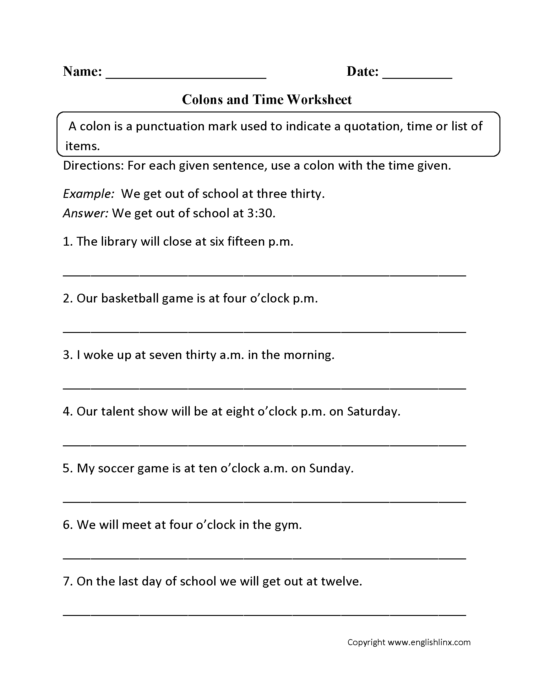 Colon and Time Worksheets