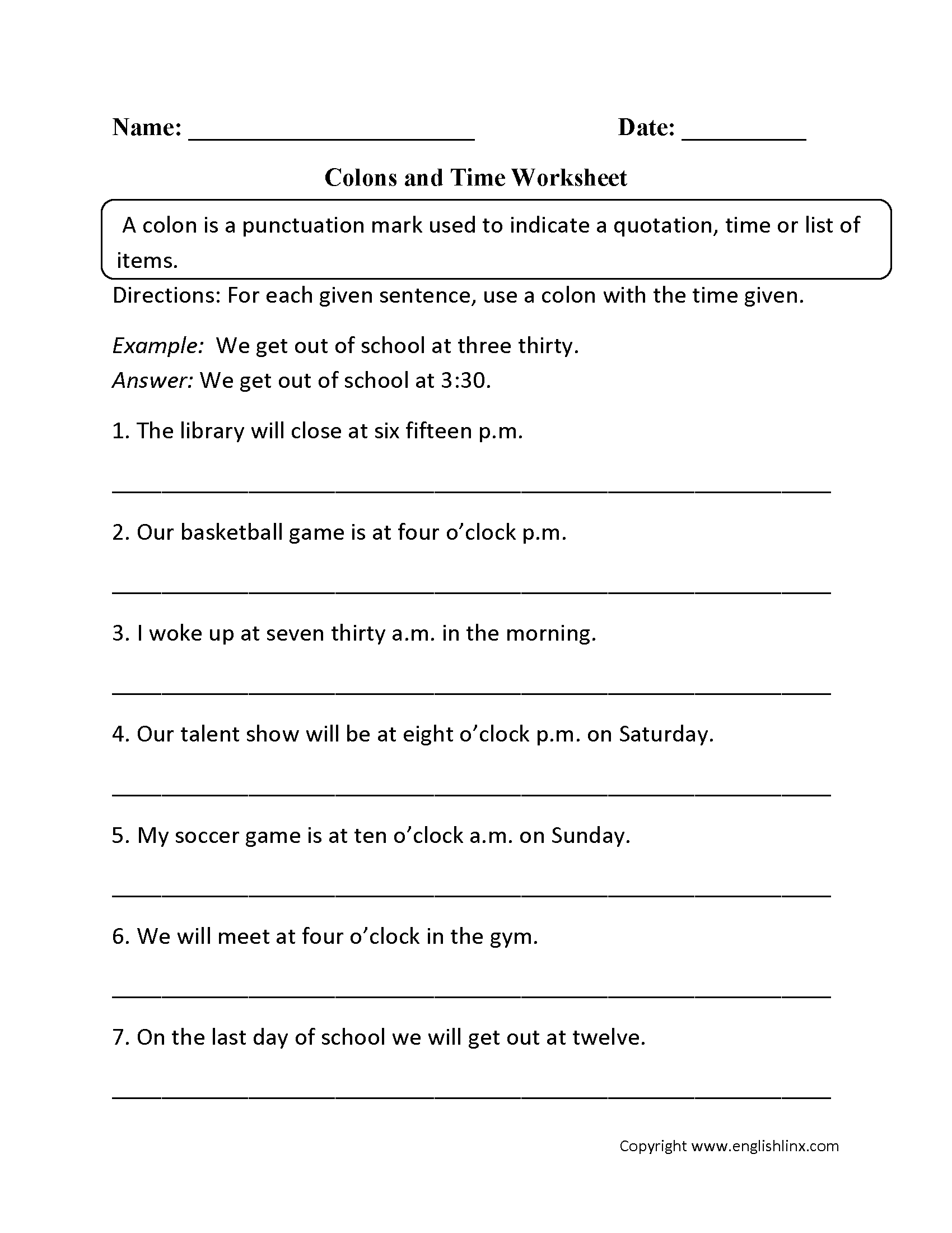 Colon Worksheets