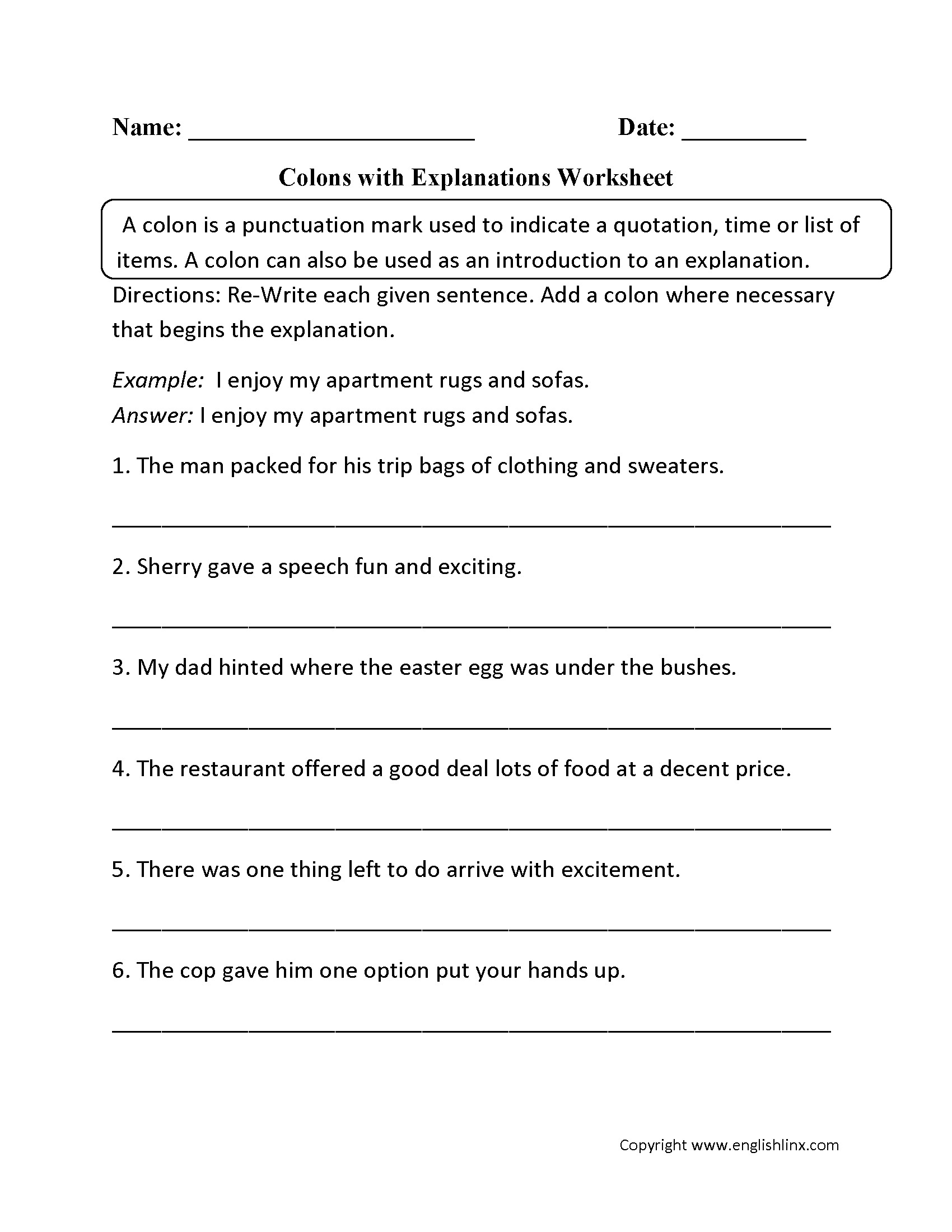 Colon with Explanations Worksheets