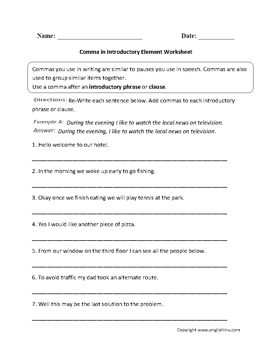 Comma Introductory Element Worksheets