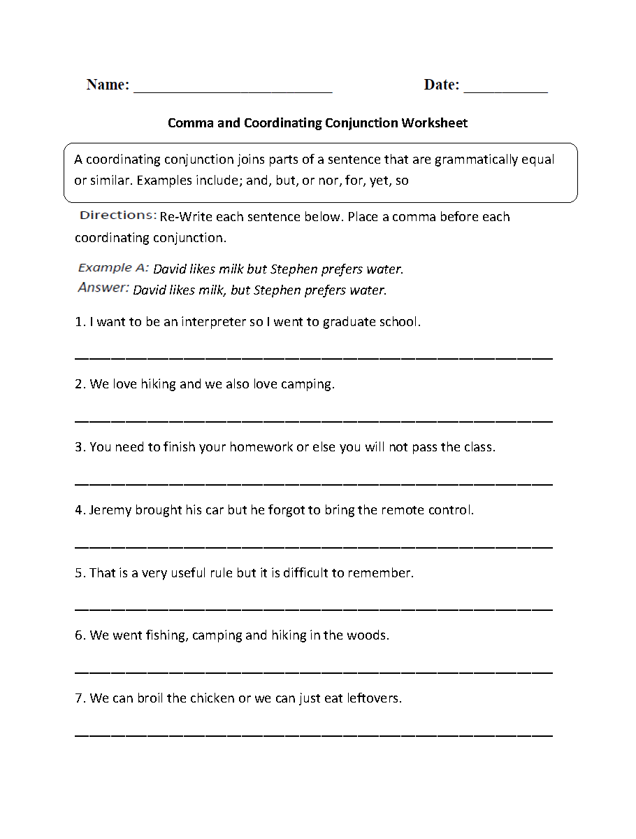 Comma and Coordinating Conjunctions Worksheets