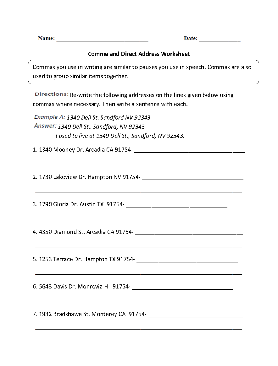 Comma and Direct Address Worksheets