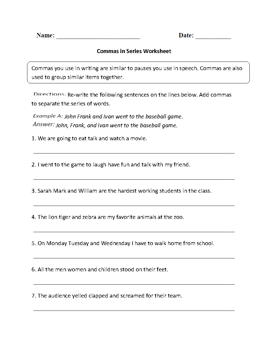 Comma in Series Worksheets