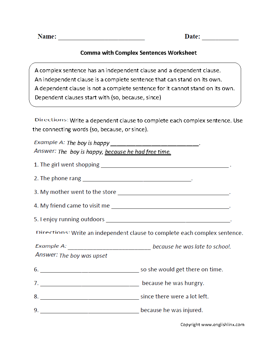 Comma with Complex Sentence Worksheets