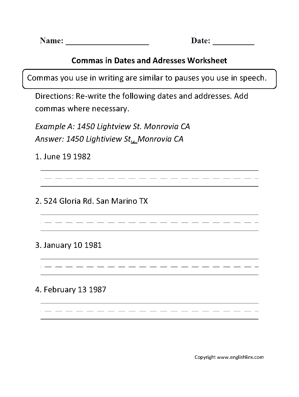 Commas in Dates and Addresses Worksheet