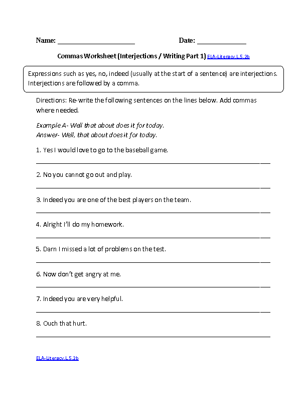 Commas Separating 2 ELA-Literacy.L.5.2b Language Worksheet