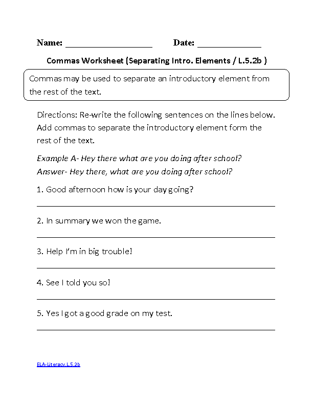 Using Commas Worksheet 5th Grade