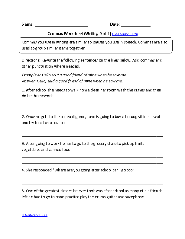 Commas Worksheet 1 ELA-Literacy.L.6.2a Language Worksheet