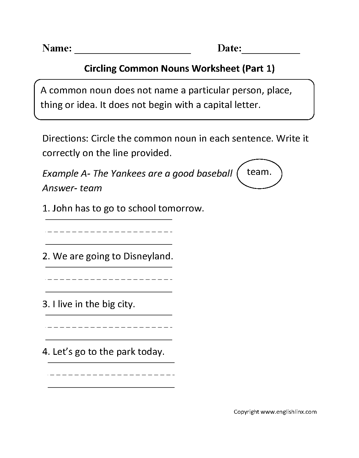 Circling Common Nouns Worksheet Part 1