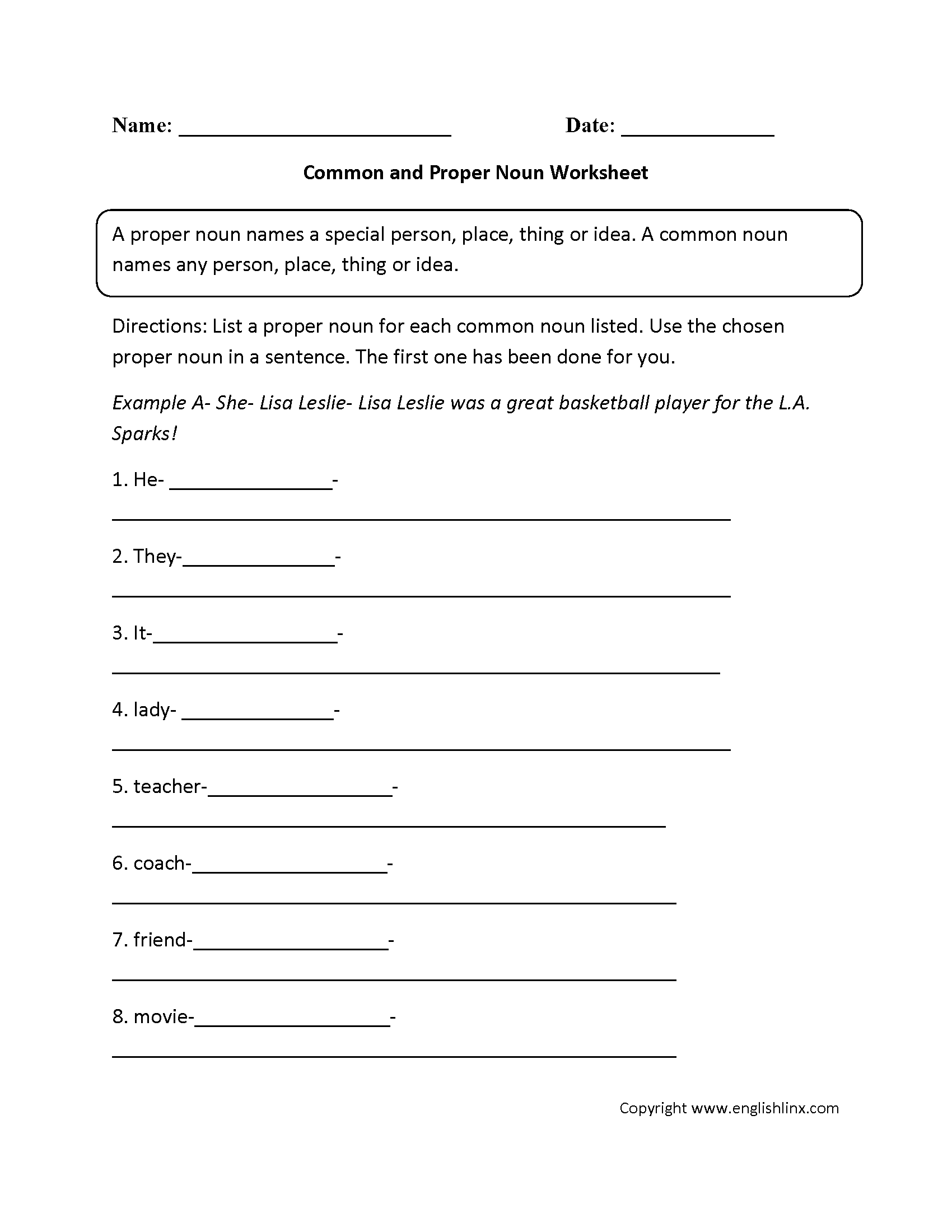 Common and Proper Noun Worksheet