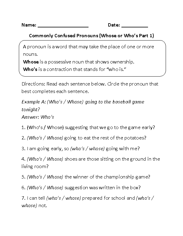 Whose or Who's Commonly Confused Pronouns Worksheet Part 1