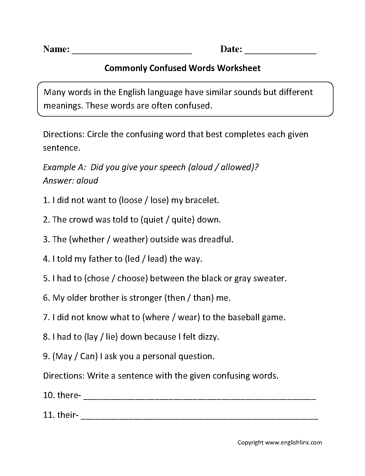 Commonly Confused Words Worksheets