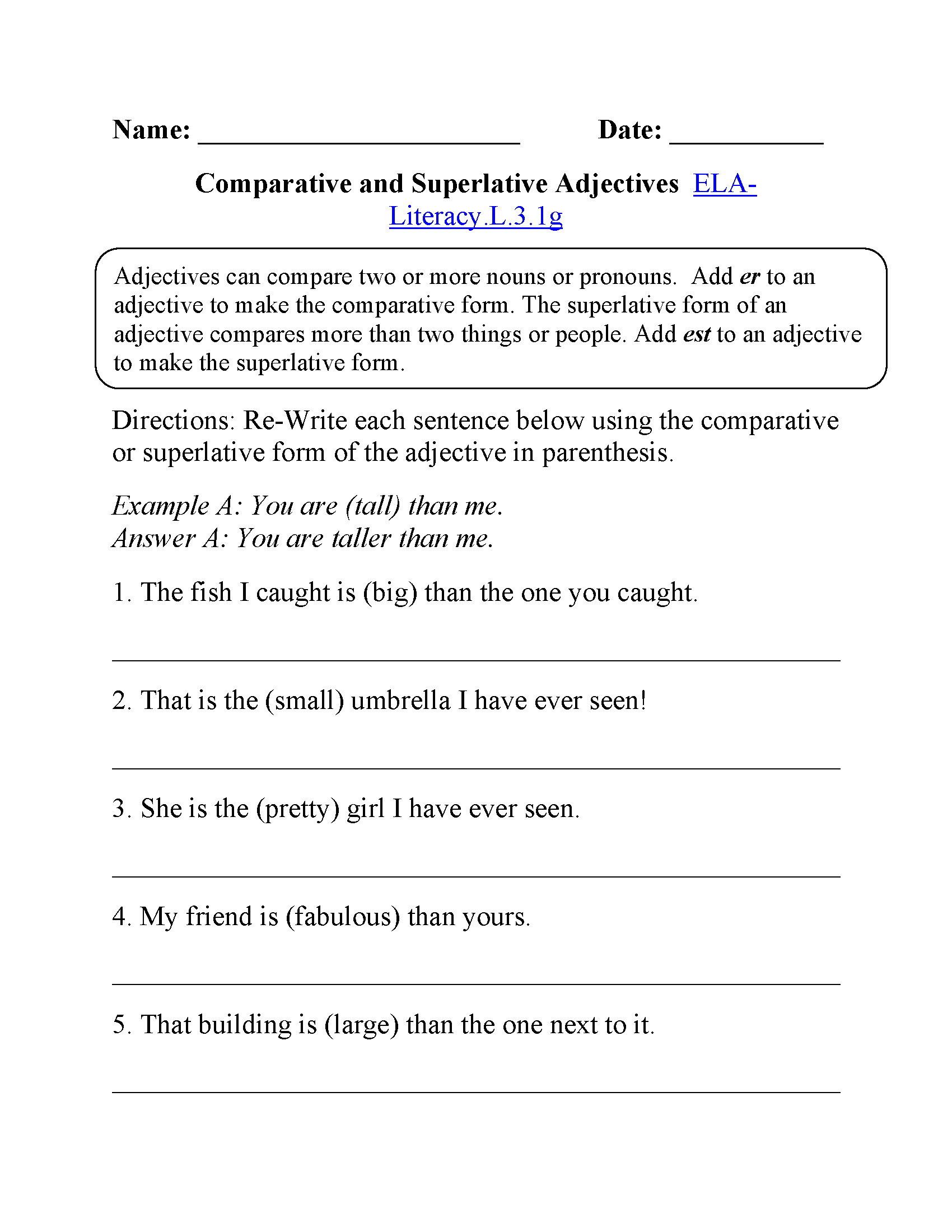 Comparative and Superlative Adjectives Worksheet 1<br>ELA-Literacy.L.3.1g Language Worksheet