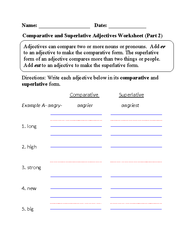 Comparative and Superlative Adjectives Worksheet Part 2