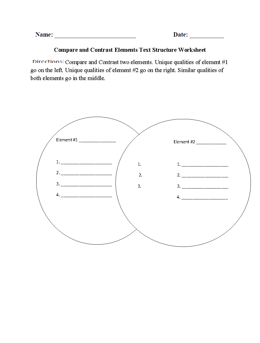 Compare and Contrast Elements Text Structure Worksheets