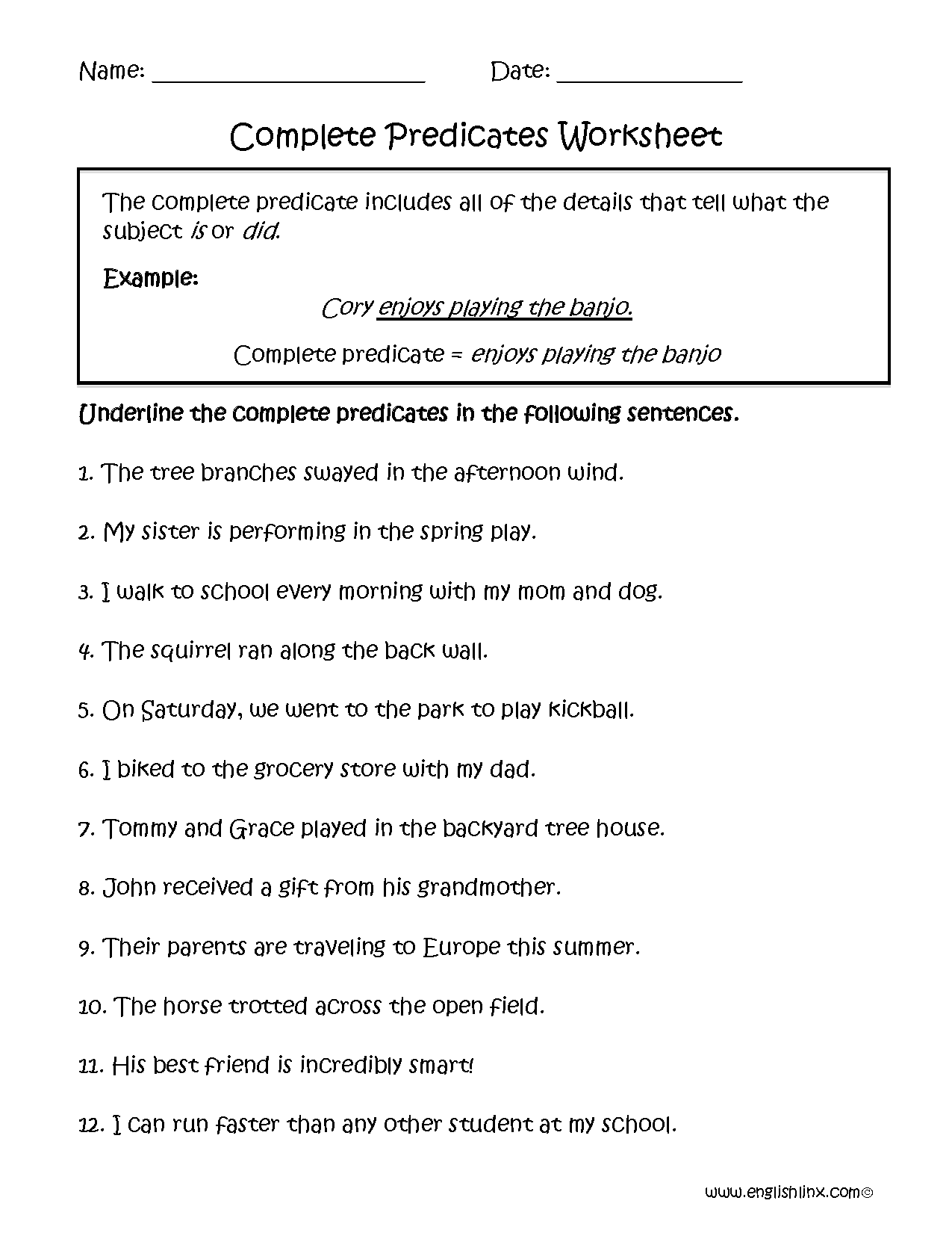 Subject And Predicate Test 4th Grade