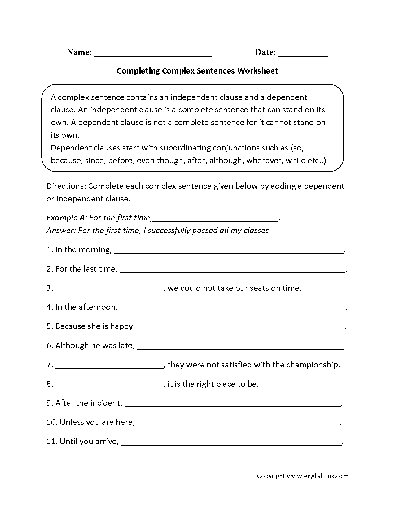 Sentences Worksheets | Complex Sentences Worksheets