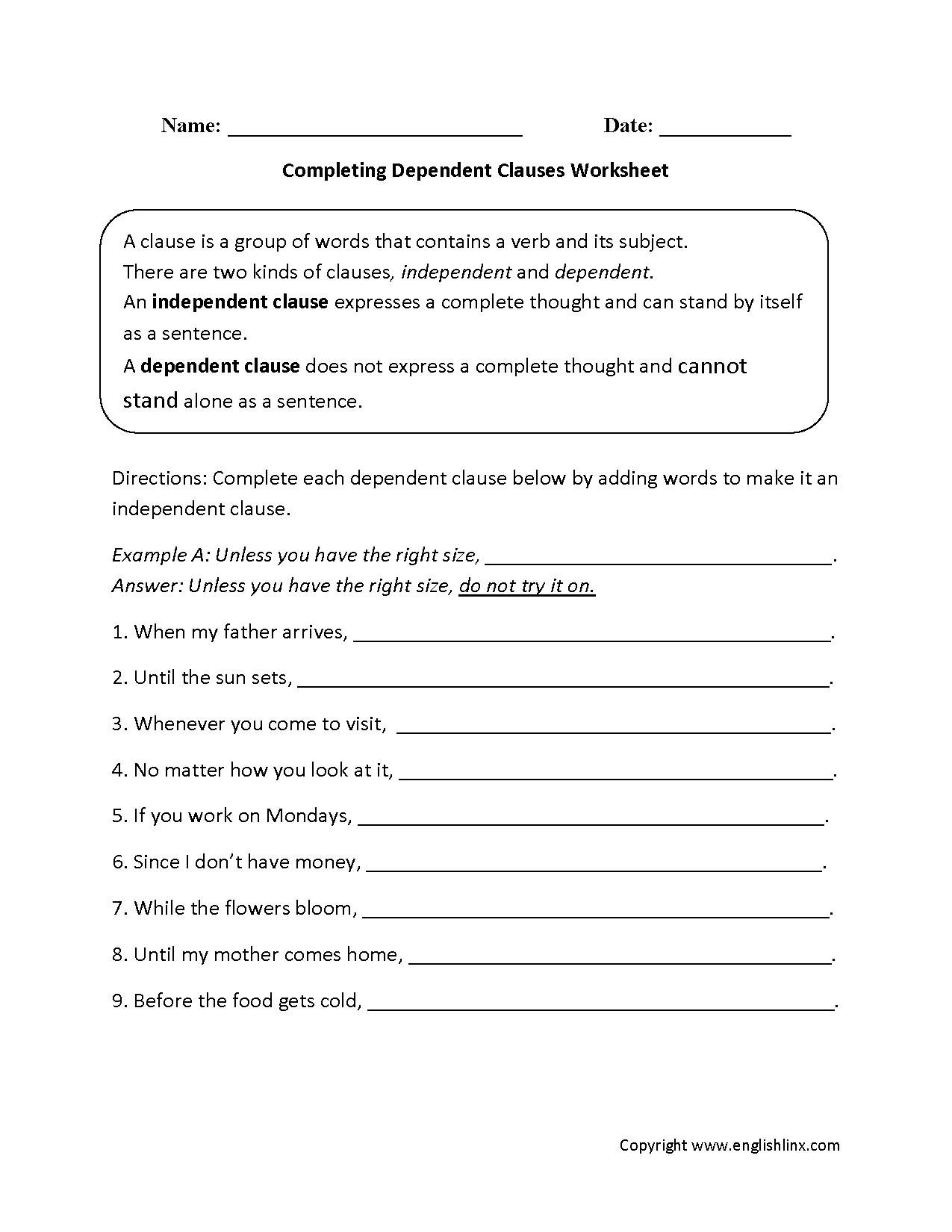 Completing Dependent Clauses Worksheet