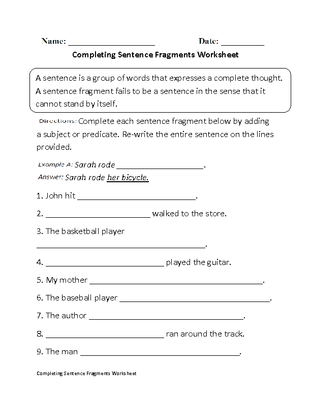 Identifying Complete Sentences And Fragments Worksheets