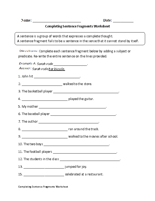 Sentence Fragments Worksheets | Completing Sentence Fragment Worksheet