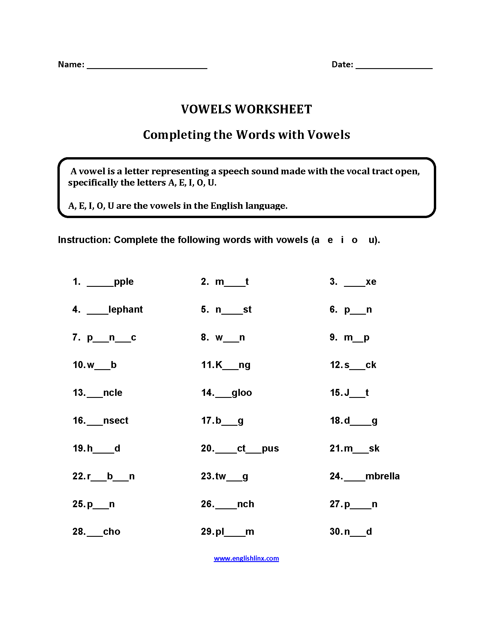 Vowels Worksheets | Completing Words Vowels Worksheets Part 2