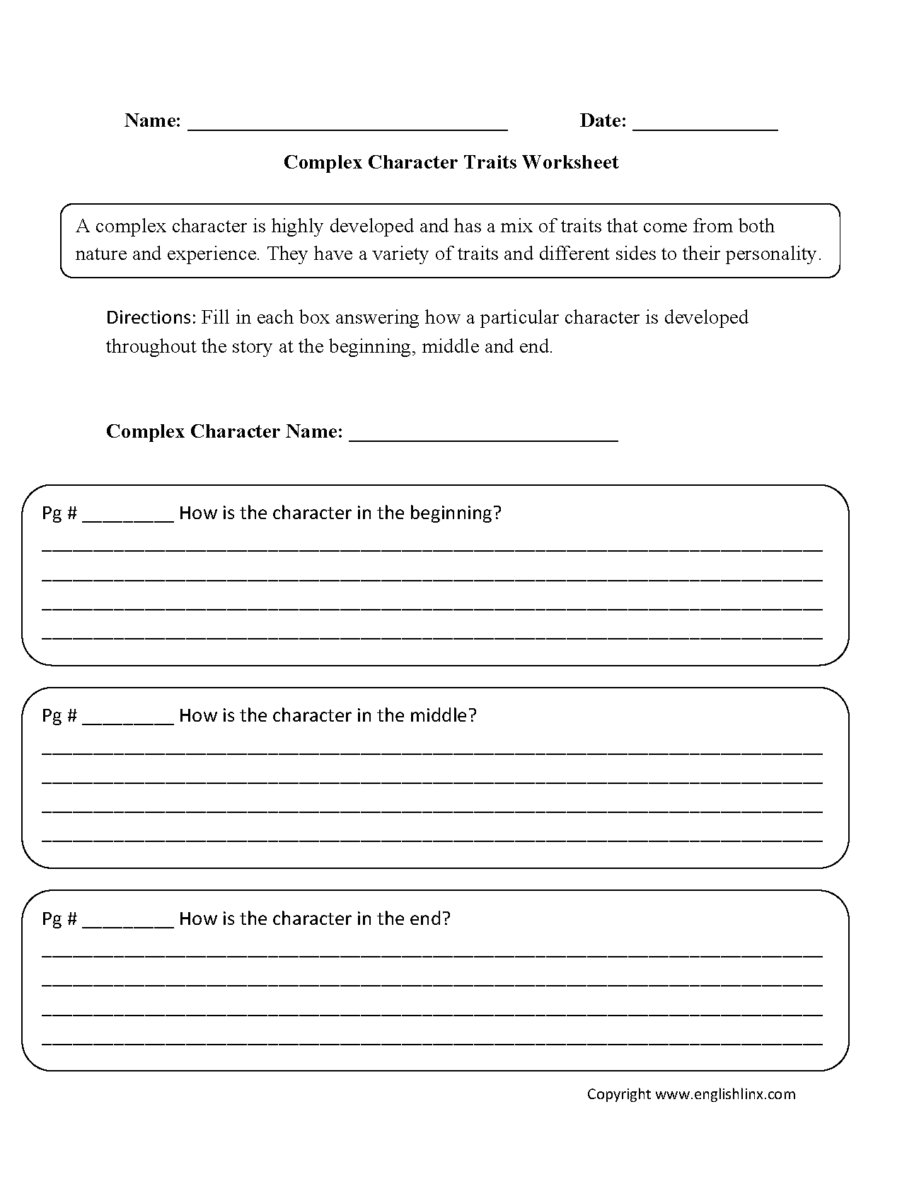 Complex Character Traits Worksheets