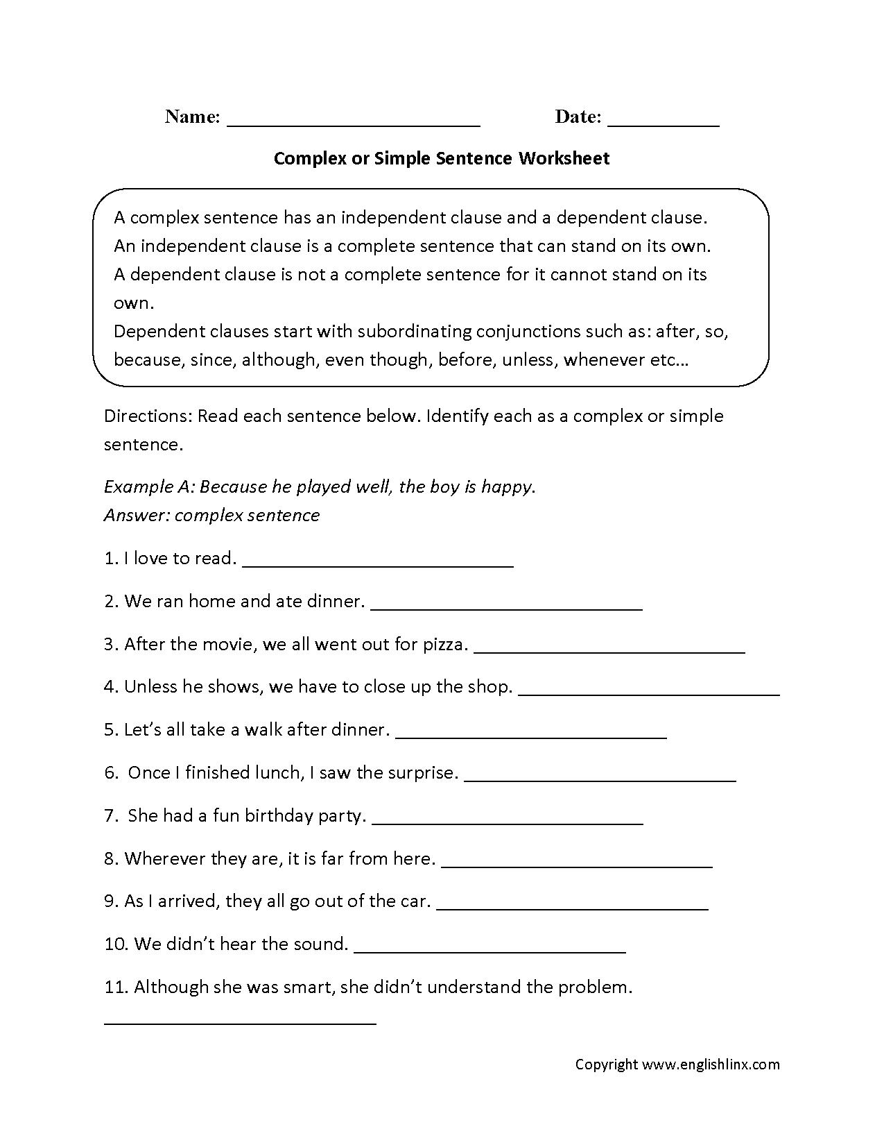 Simple Compound Complex Sentences Worksheets