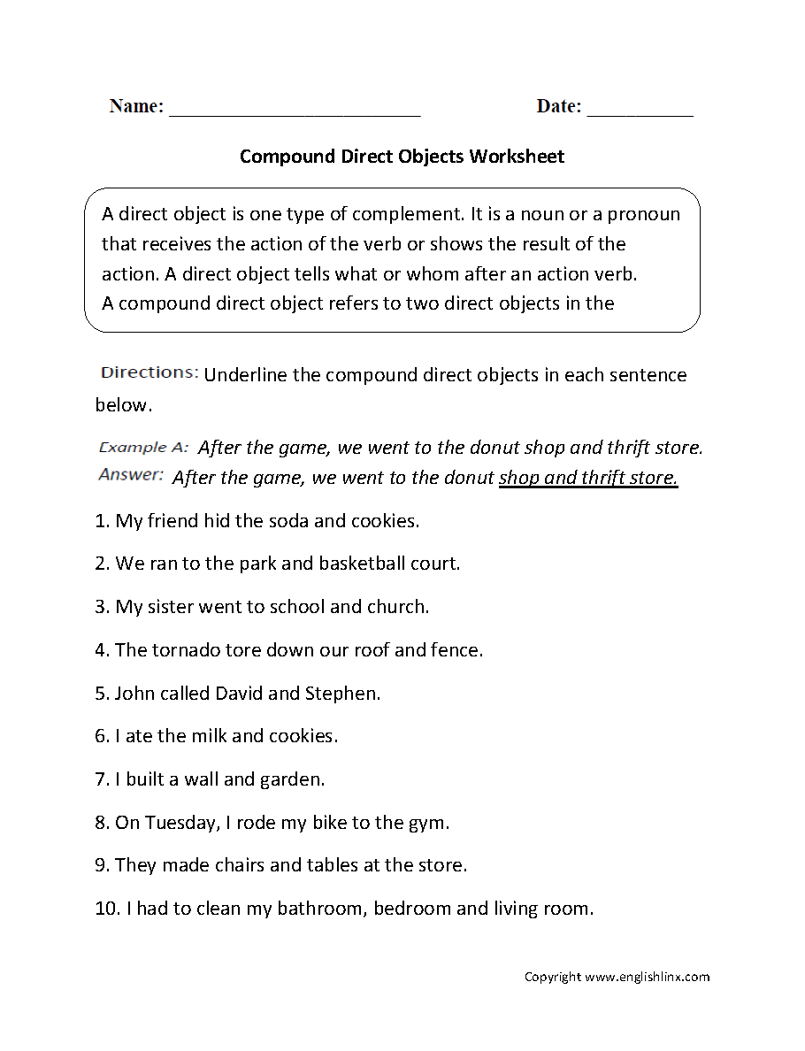 Parts of a Sentence Worksheets  Direct and Indirect Objects  printable worksheets, worksheets, alphabet worksheets, education, and multiplication Action Verb Worksheets 5th Grade 1188 x 910