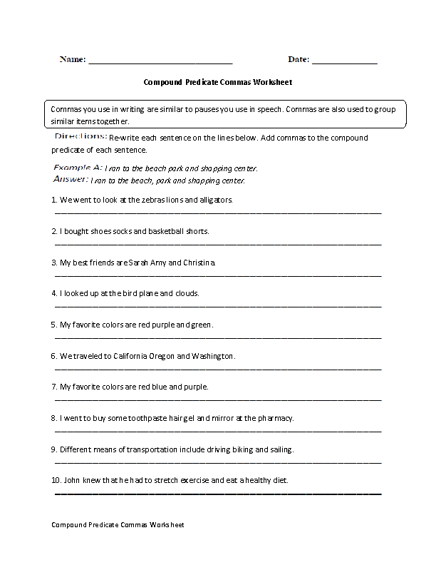 Compound Predicates Commas Worksheet