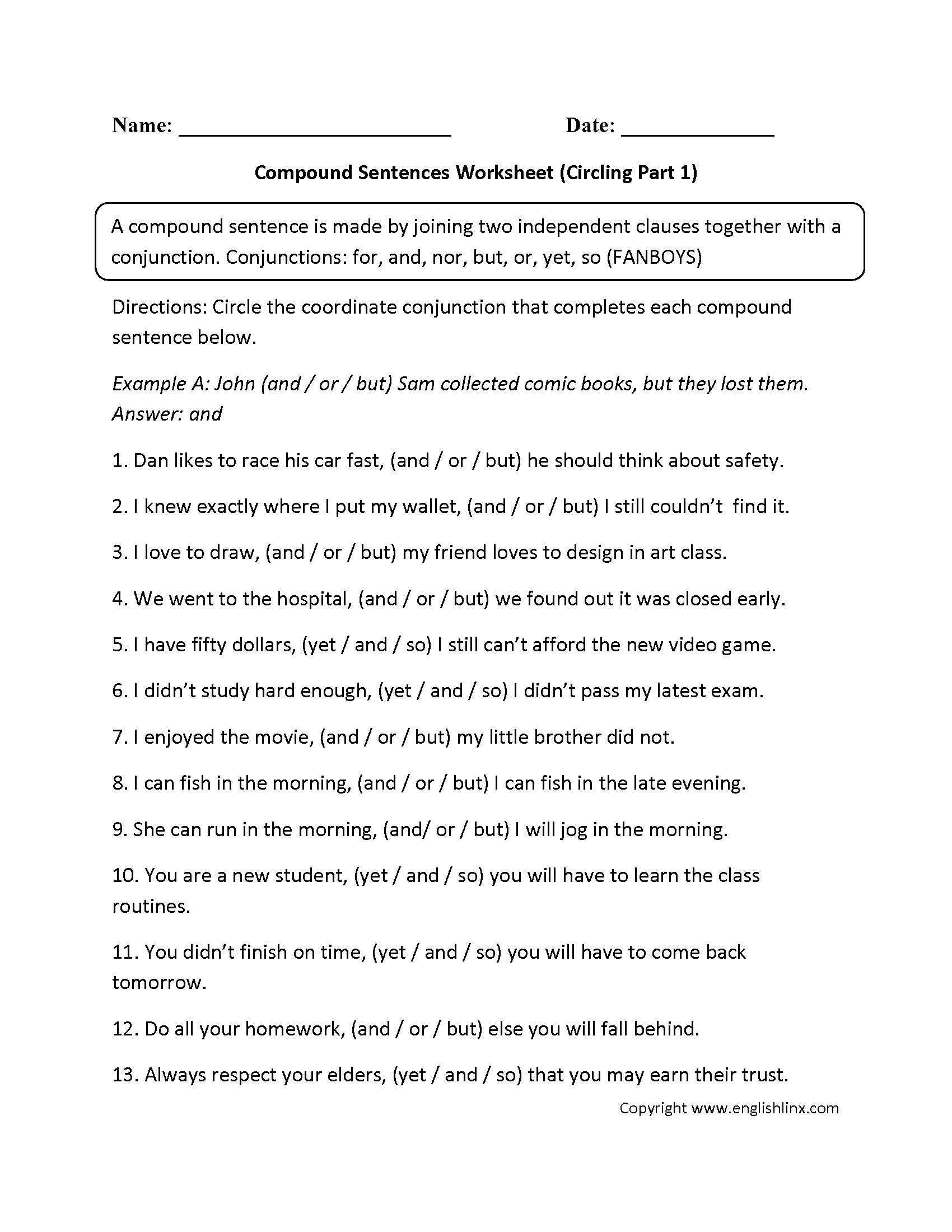 Circling Compound Sentences Worksheet