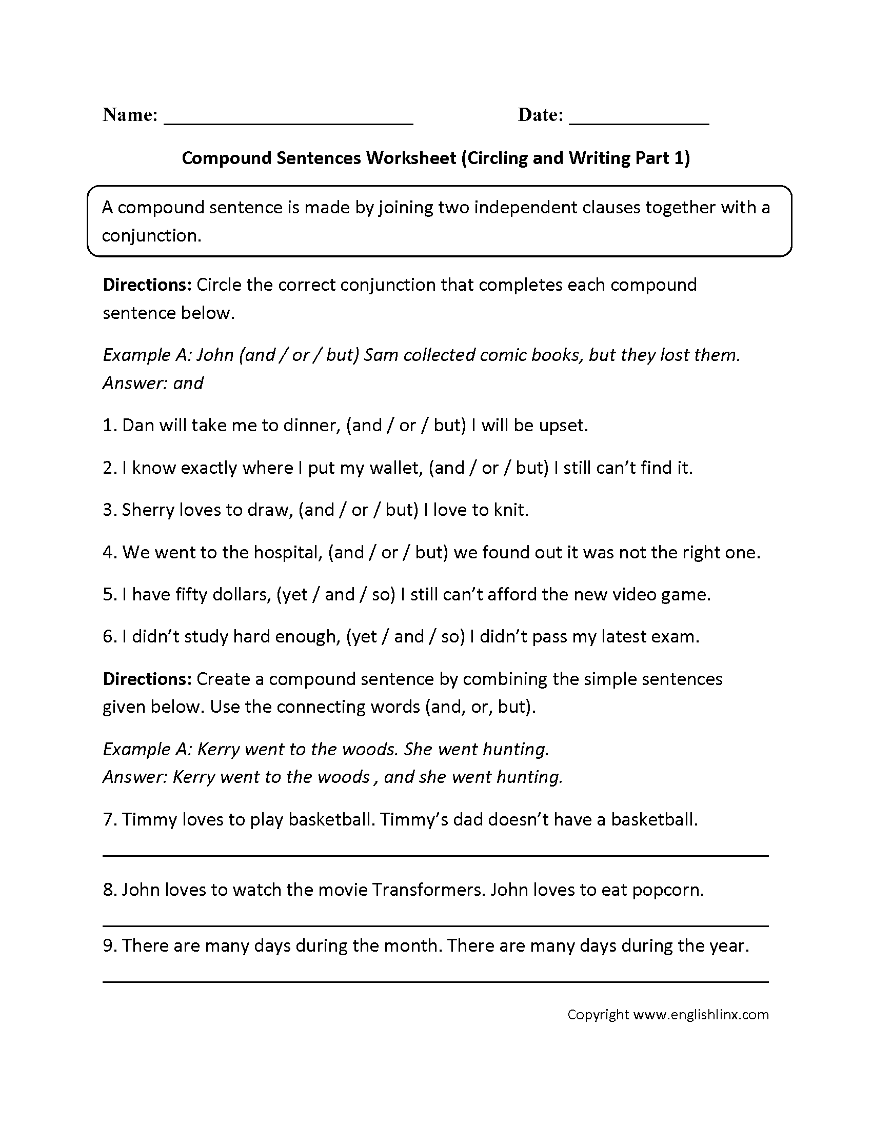Practicing Compound Sentences Worksheet