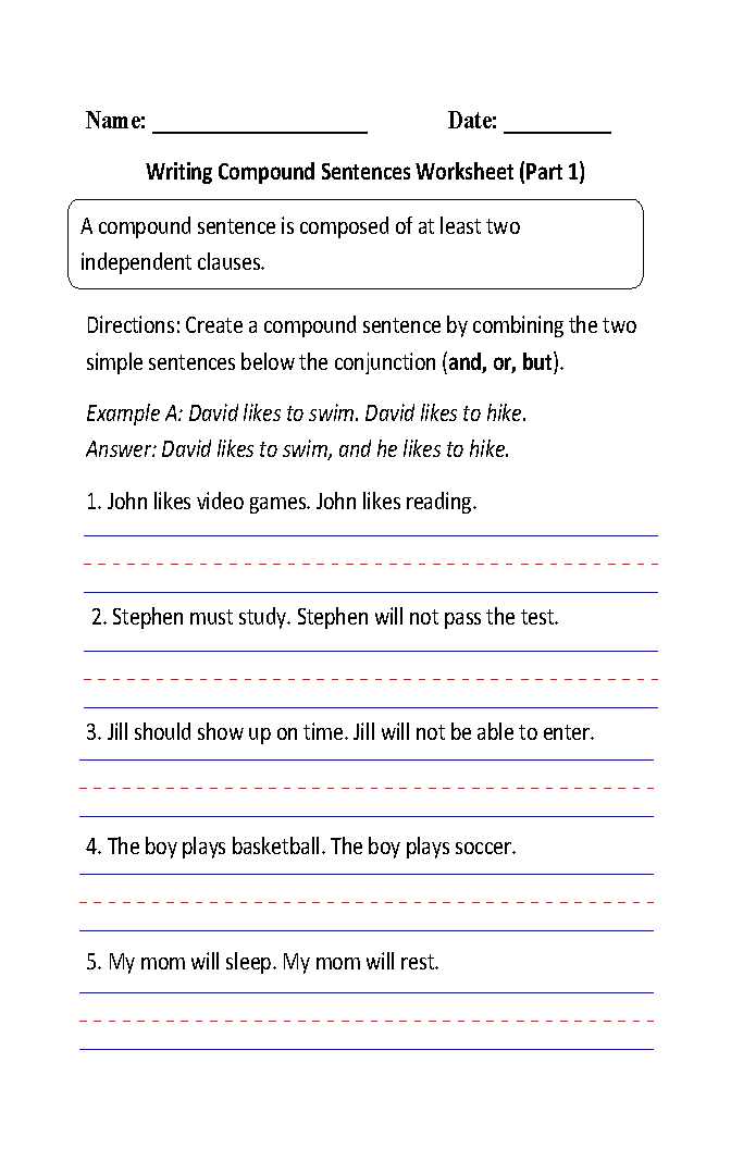 Writing Compound Sentences Worksheet Part 1