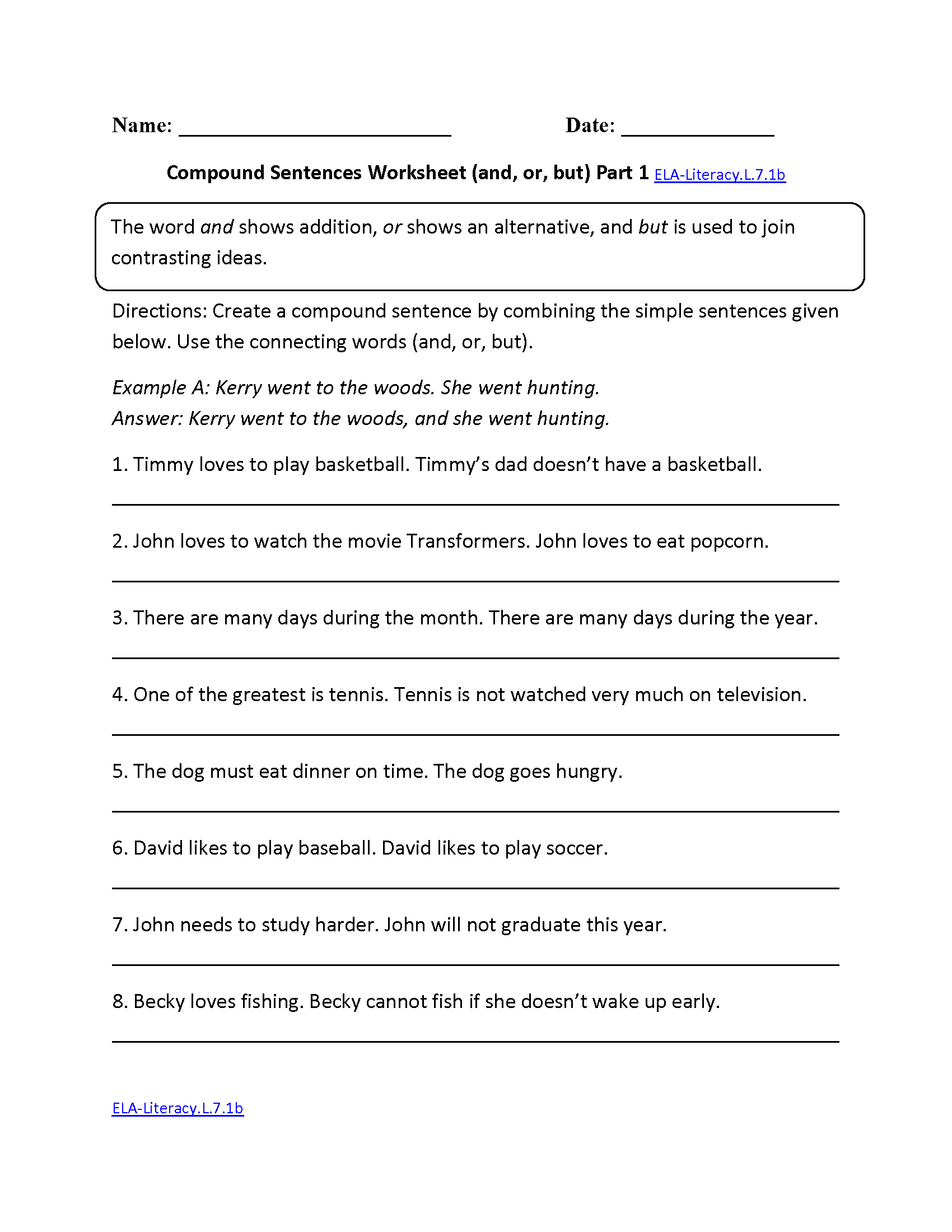 Compound Sentences Worksheet ELA-Literacy.L.7.1b Language Worksheet