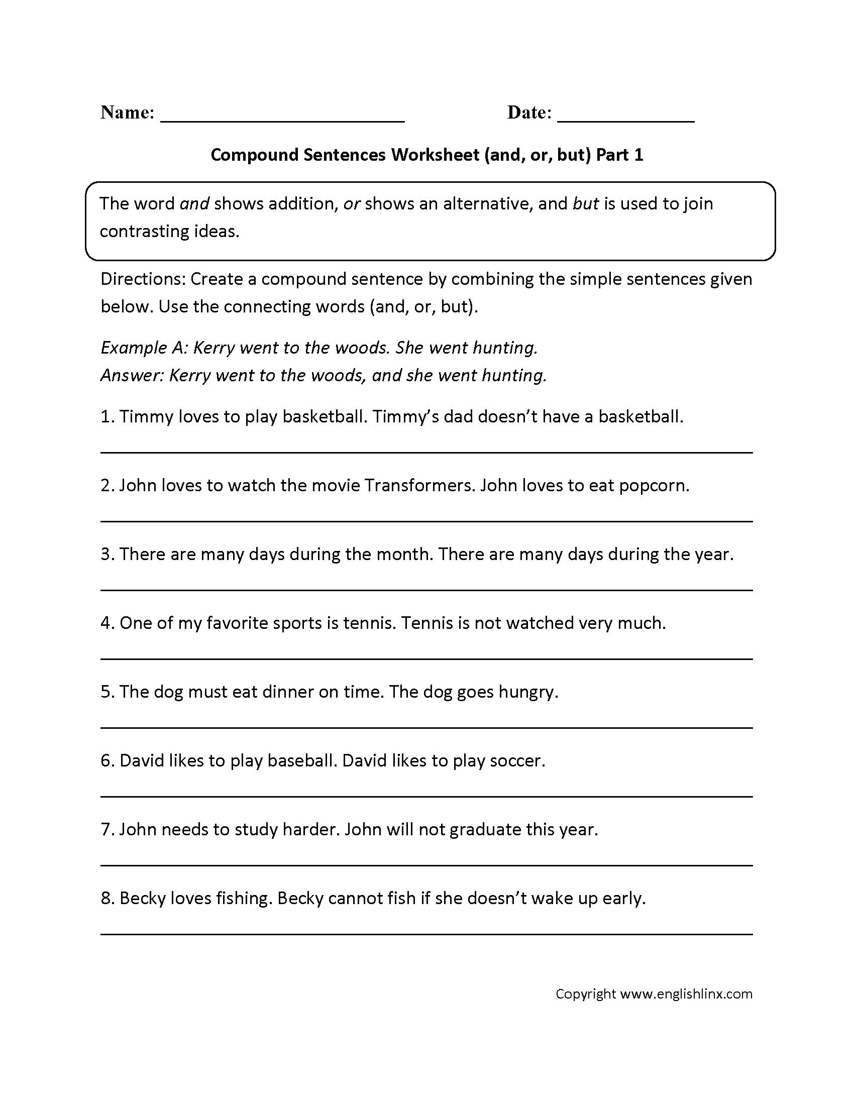 and, or, and but Compound Sentences Worksheet