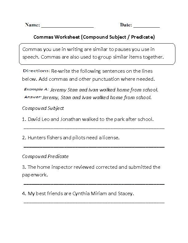 Compound Subject and Predicate Commas Worksheet