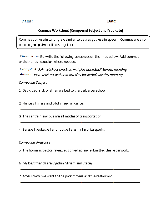 Compound Subject and Predicate Commas Worksheet Grades 6-8